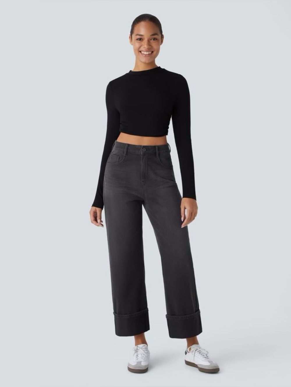 Halara Flex High Waisted Pockets Rolled Hem Wide Leg Washed Casual Jeans Size XL